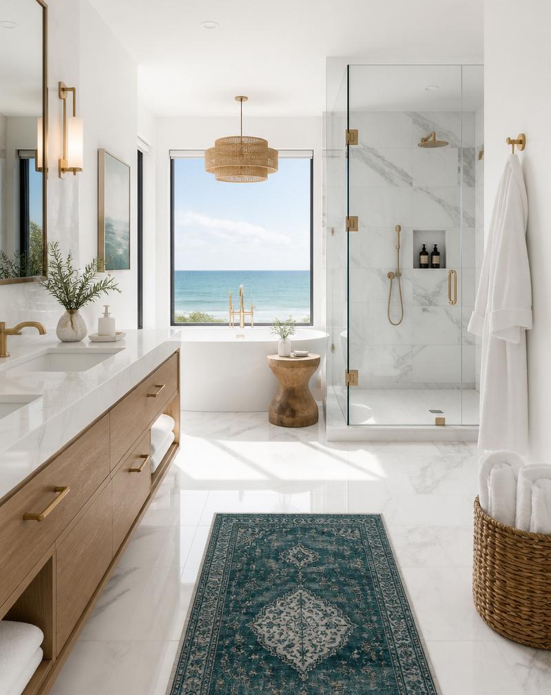 A sparkling clean luxury bathroom with marble finishes and ocean light