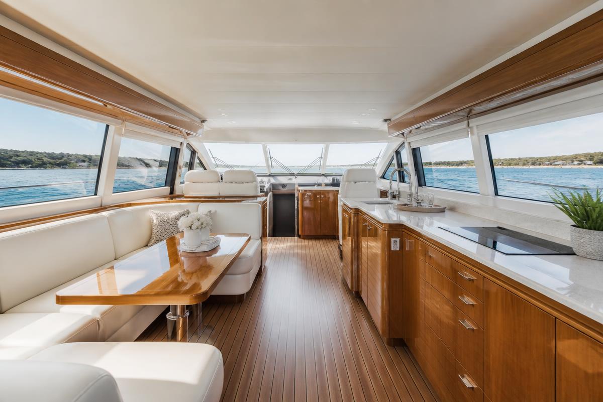 A polished and clean yacht cabin interior with wood and white leather