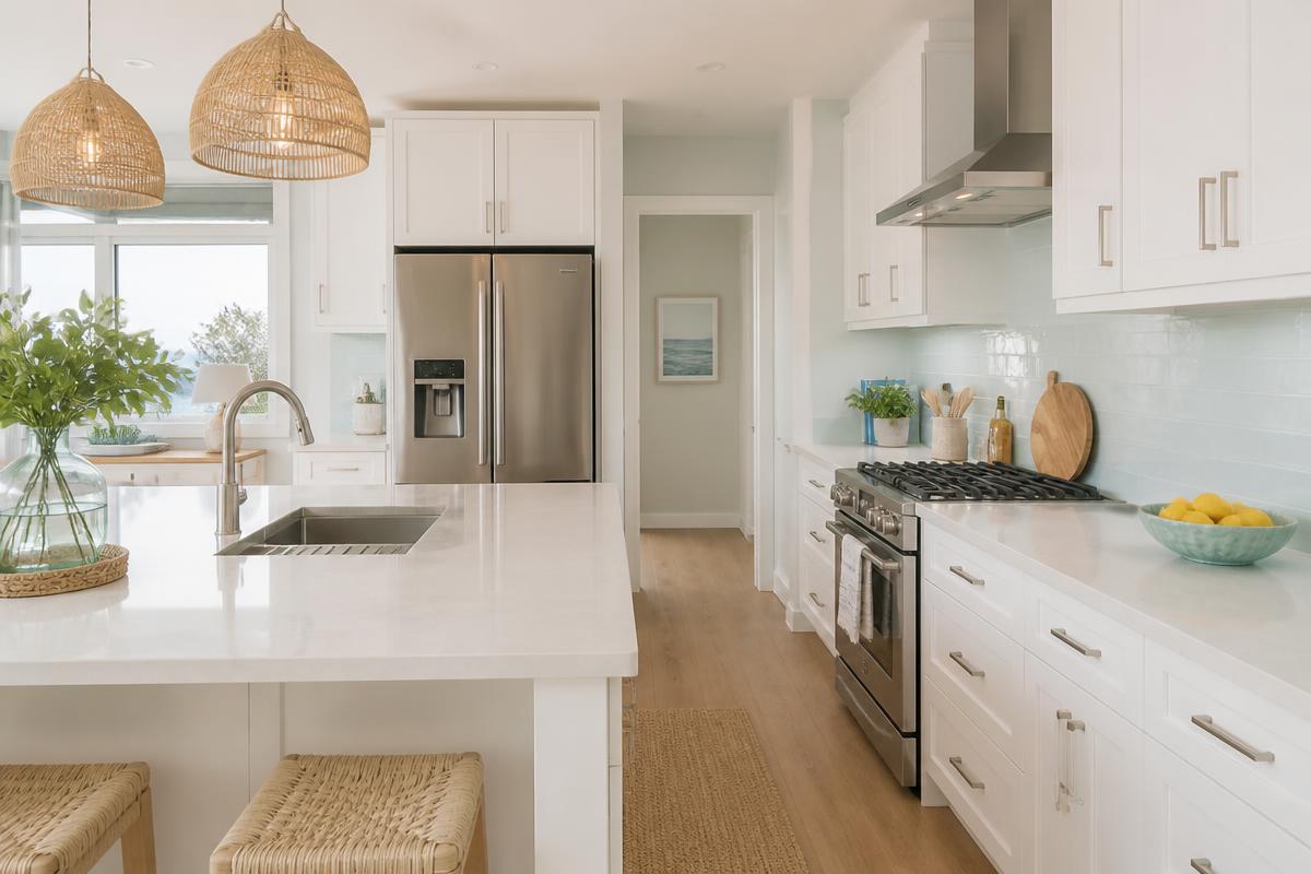 A pristine modern kitchen with white countertops and coastal decor