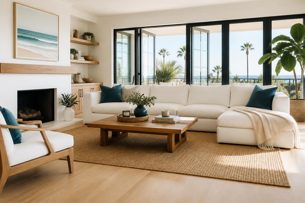 A bright, freshly cleaned coastal living room with white sofa and ocean view