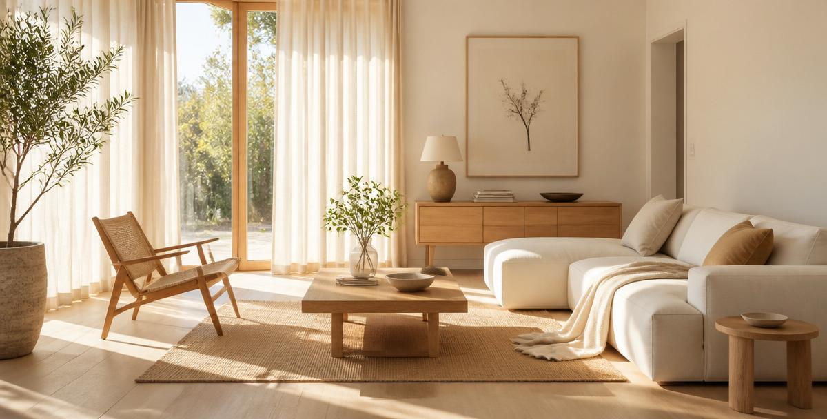 A sun-drenched minimalist living room with light wood floors and soft linen curtains